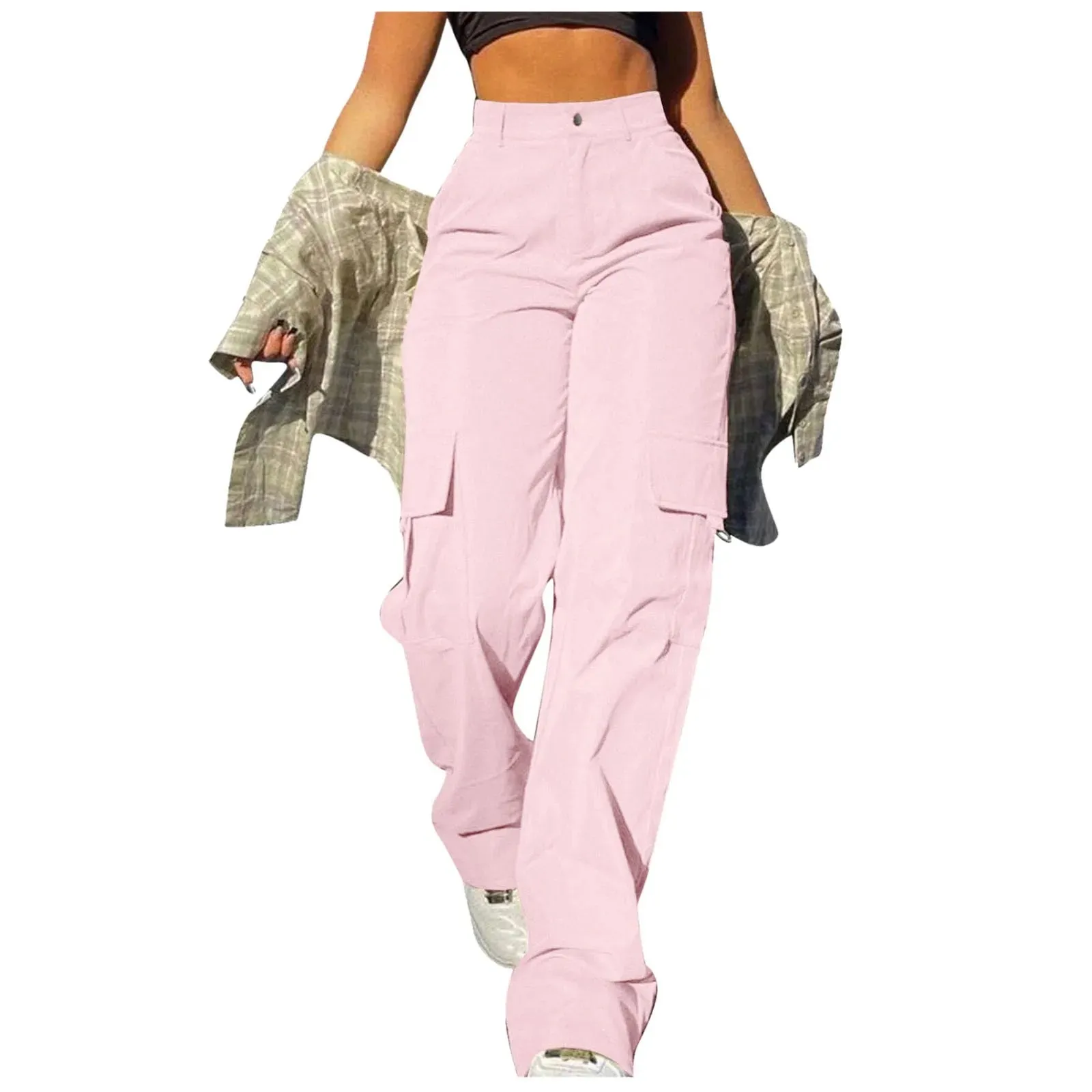 Women Cargo Pants Solid Multi Pocket Work Casual Pants Daily Leggings Elastic Waist Streetwear Retro Trousers