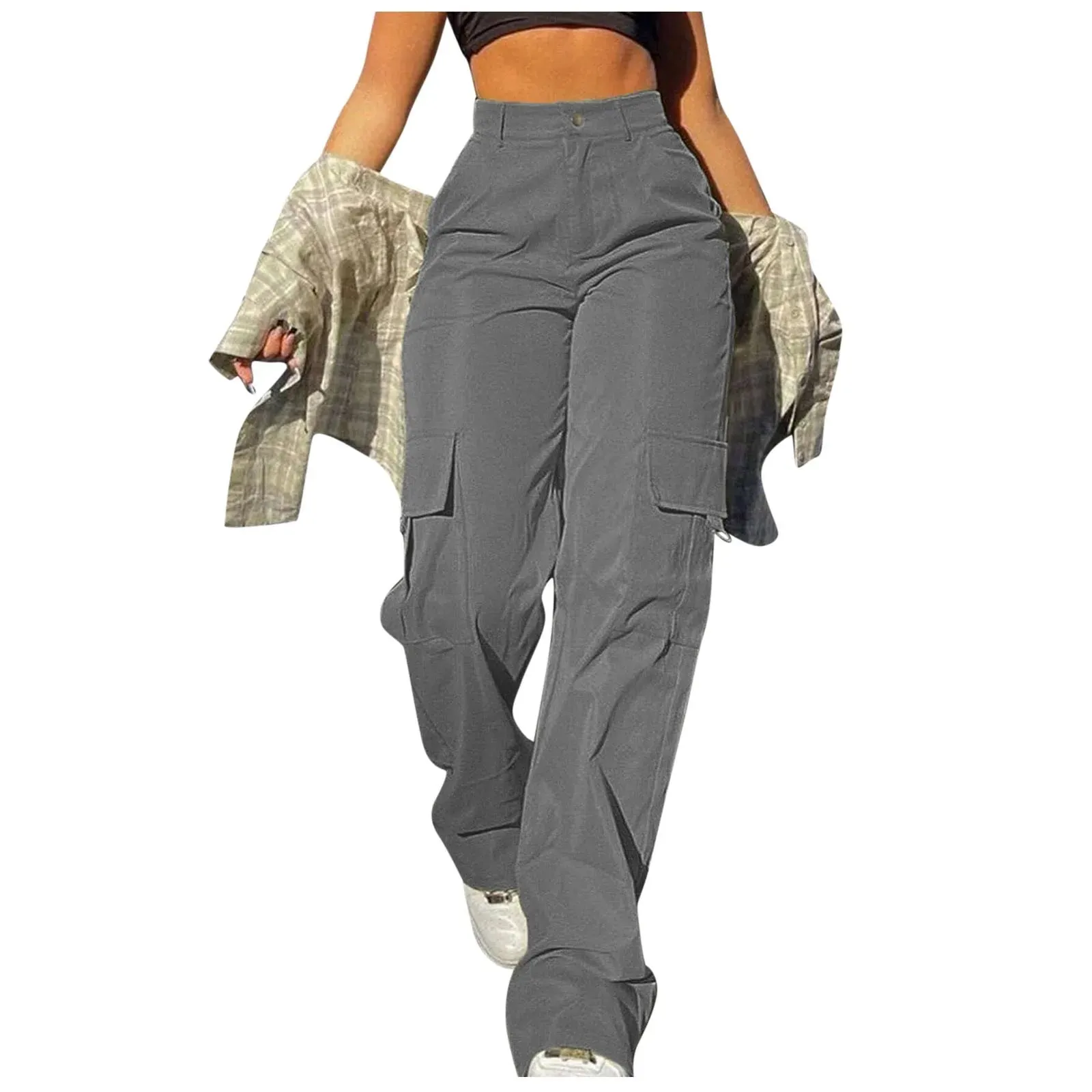 Women Cargo Pants Solid Multi Pocket Work Casual Pants Daily Leggings Elastic Waist Streetwear Retro Trousers