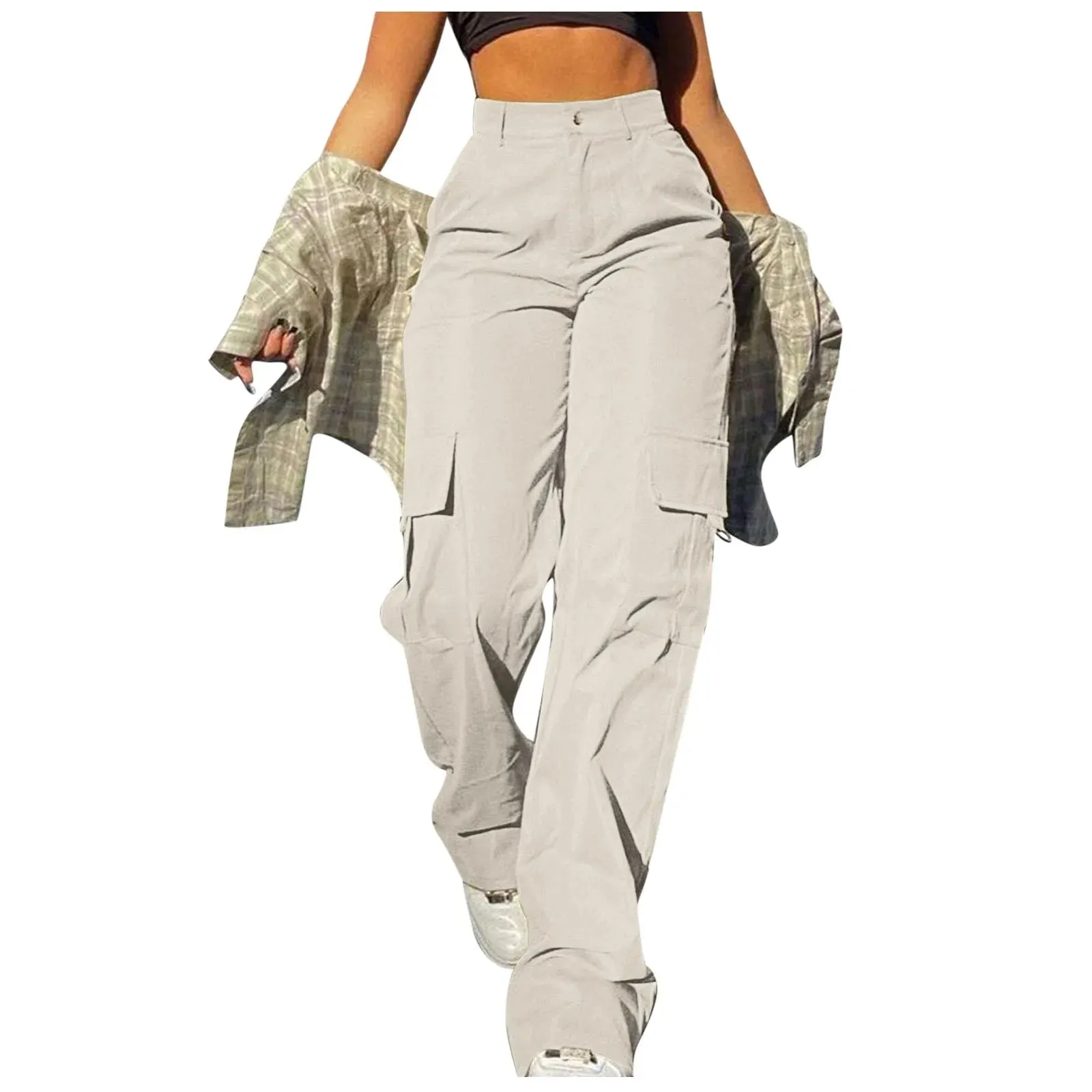 Women Cargo Pants Solid Multi Pocket Work Casual Pants Daily Leggings Elastic Waist Streetwear Retro Trousers