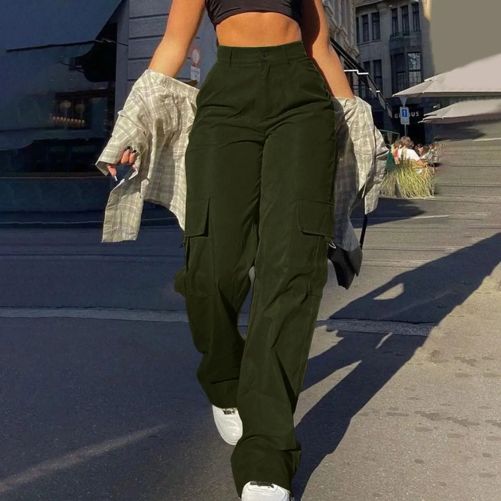 Women Cargo Pants Solid Multi Pocket Work Casual Pants Daily Leggings Elastic Waist Streetwear Retro Trousers