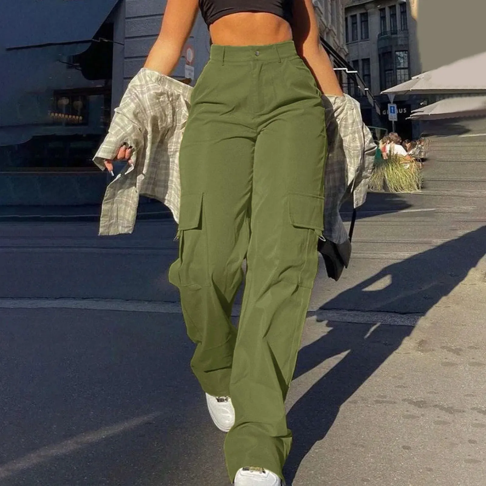 Women Cargo Pants Solid Multi Pocket Work Casual Pants Daily Leggings Elastic Waist Streetwear Retro Trousers