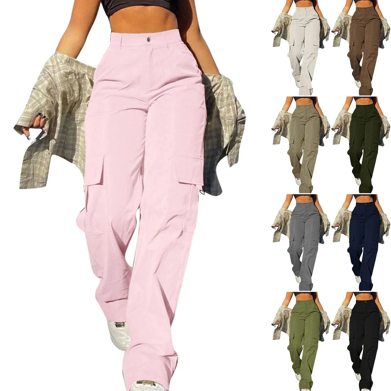 Women Cargo Pants Solid Multi Pocket Work Casual Pants Daily Leggings Elastic Waist Streetwear Retro Trousers