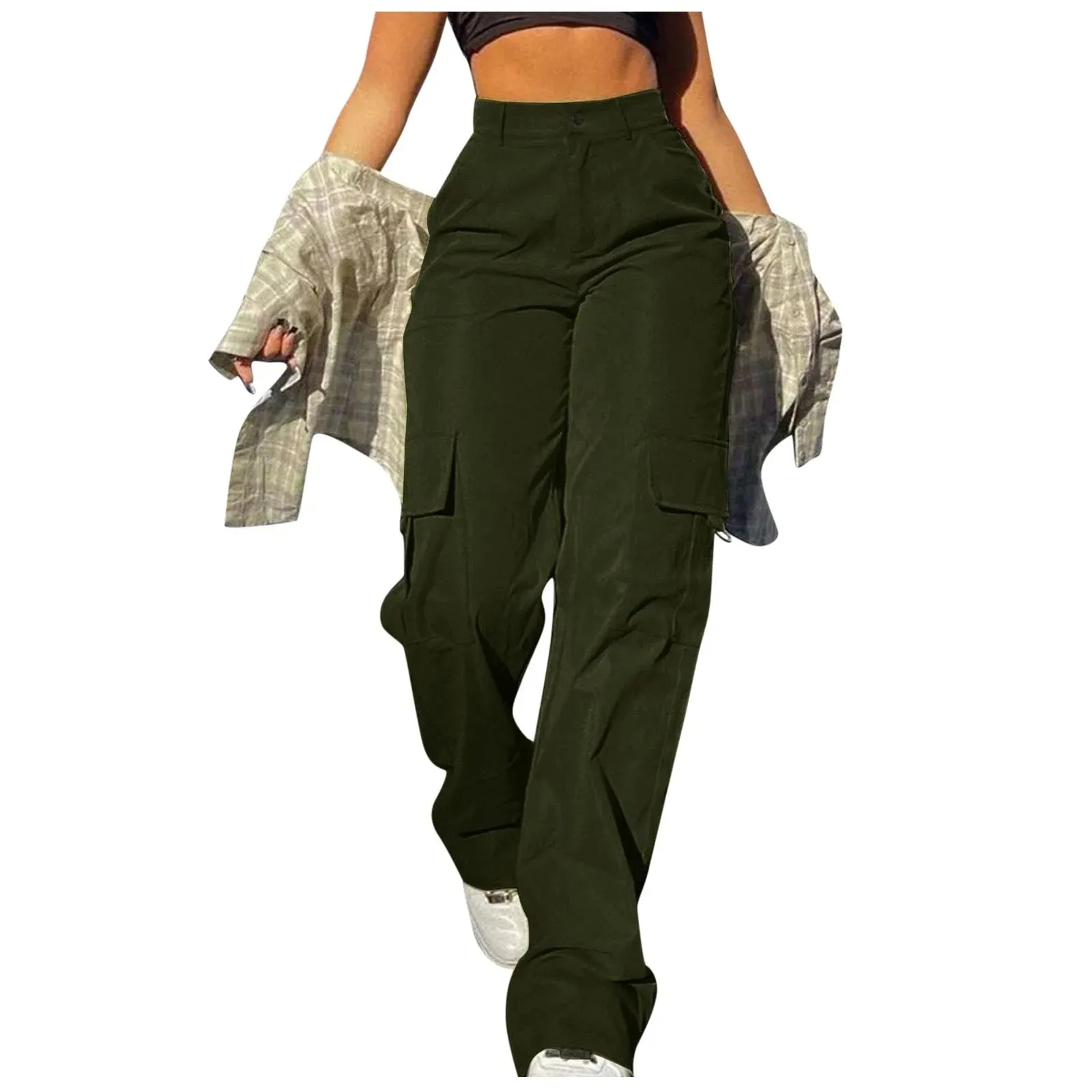 Women Cargo Pants Solid Multi Pocket Work Casual Pants Daily Leggings Elastic Waist Streetwear Retro Trousers