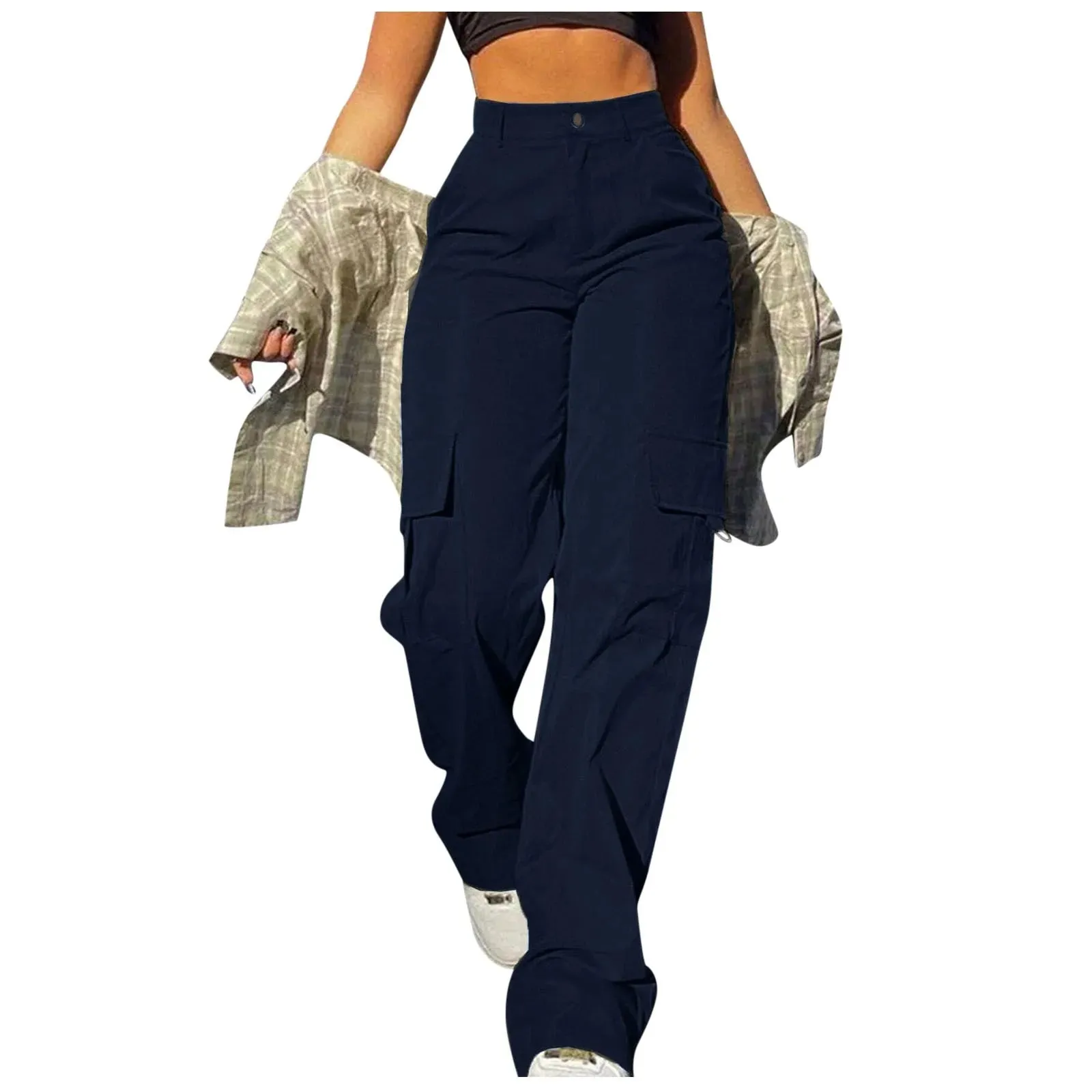 Women Cargo Pants Solid Multi Pocket Work Casual Pants Daily Leggings Elastic Waist Streetwear Retro Trousers