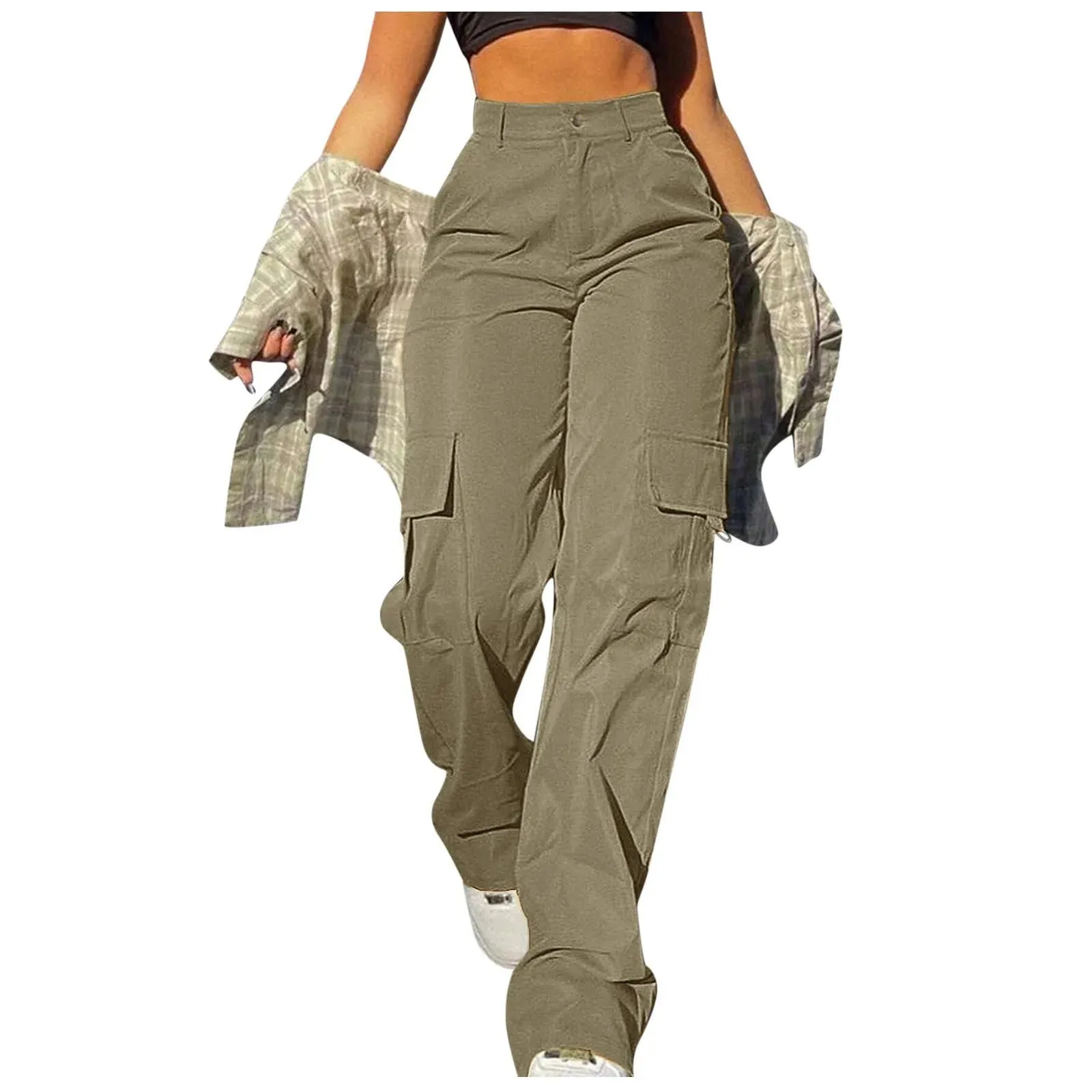 Women Cargo Pants Solid Multi Pocket Work Casual Pants Daily Leggings Elastic Waist Streetwear Retro Trousers