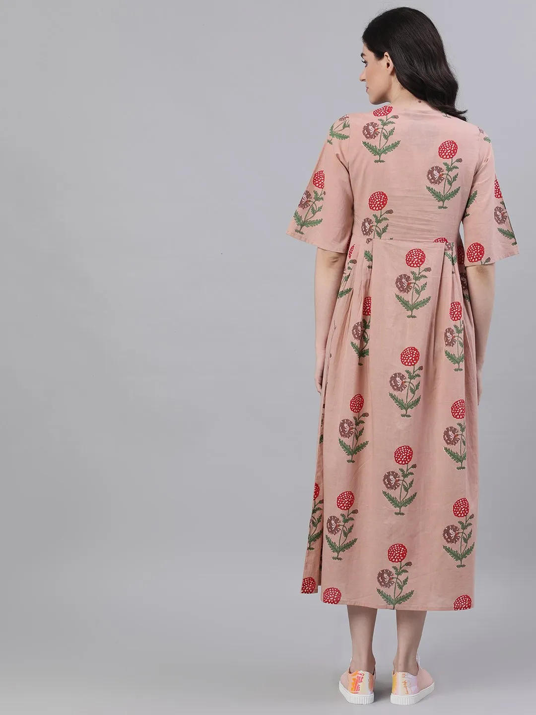 Women Dusty Pink Floral Printed Tie-Up Neck Cotton Maxi Dress