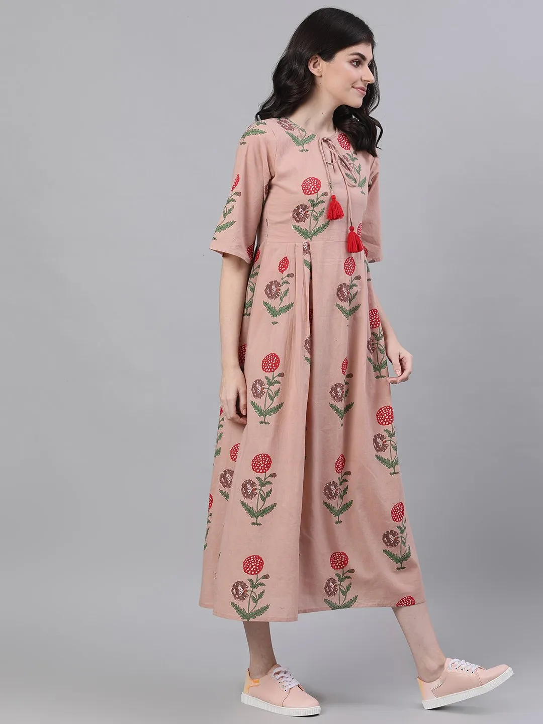 Women Dusty Pink Floral Printed Tie-Up Neck Cotton Maxi Dress