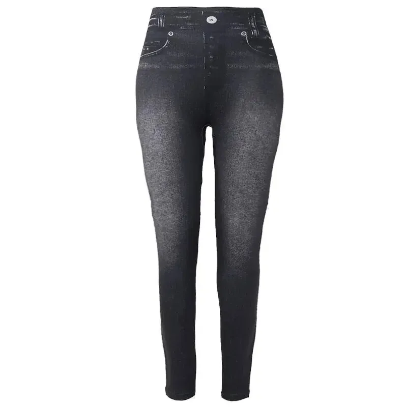 Women Fleece Lined Winter Jeggings Seamless Faux Jeans Denim Slim Pencil Pants