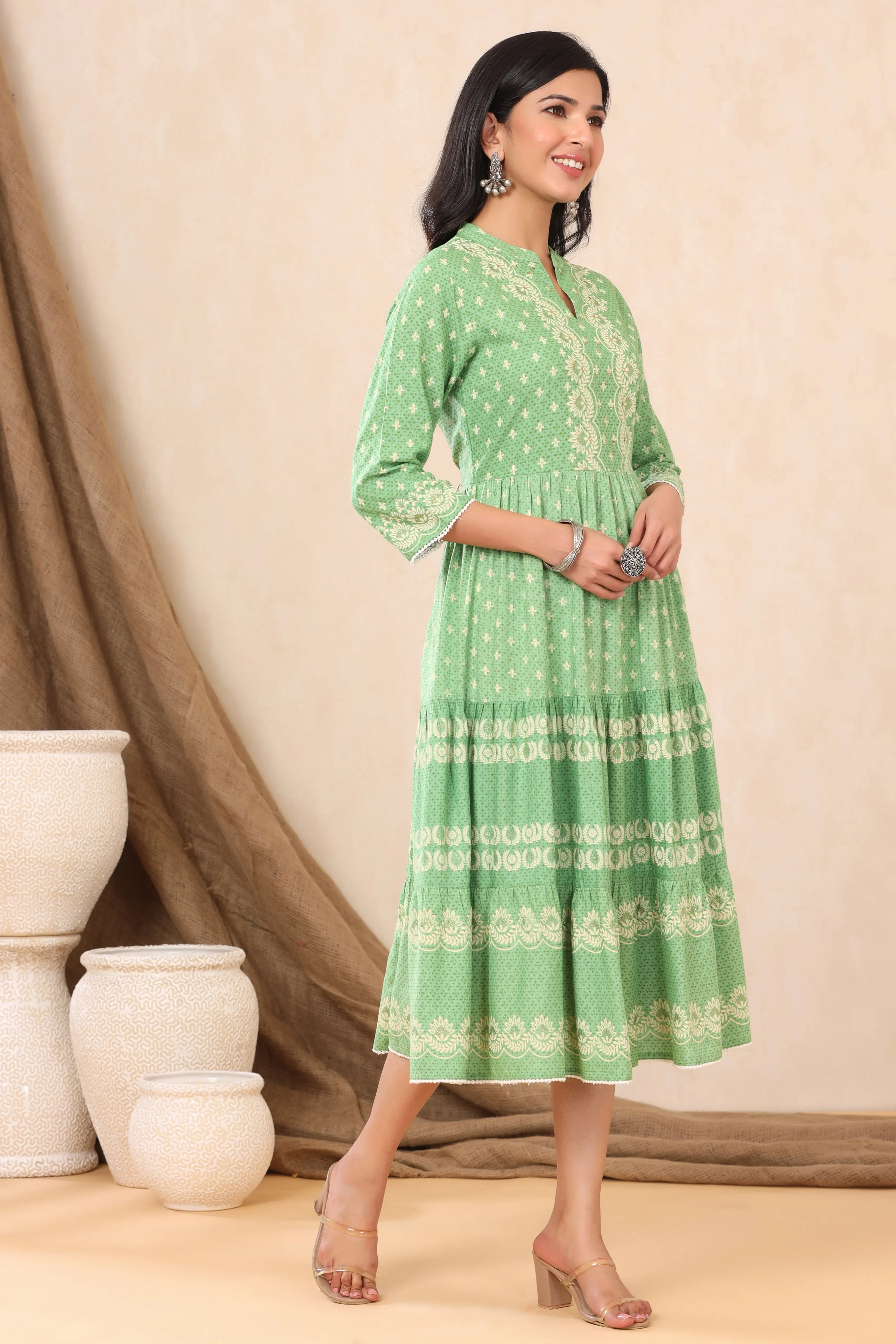 Women Green Rayon Printed Dress