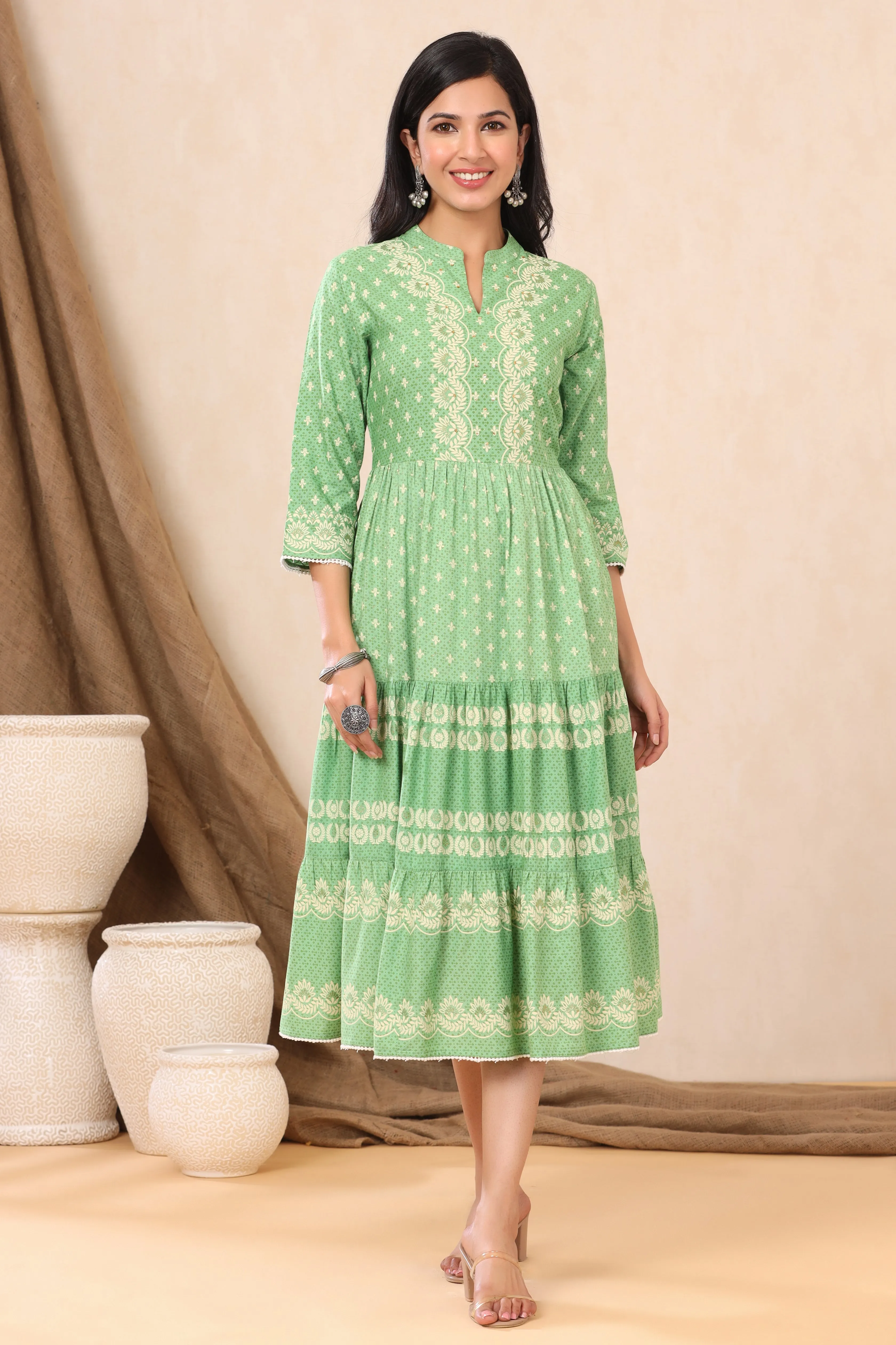 Women Green Rayon Printed Dress