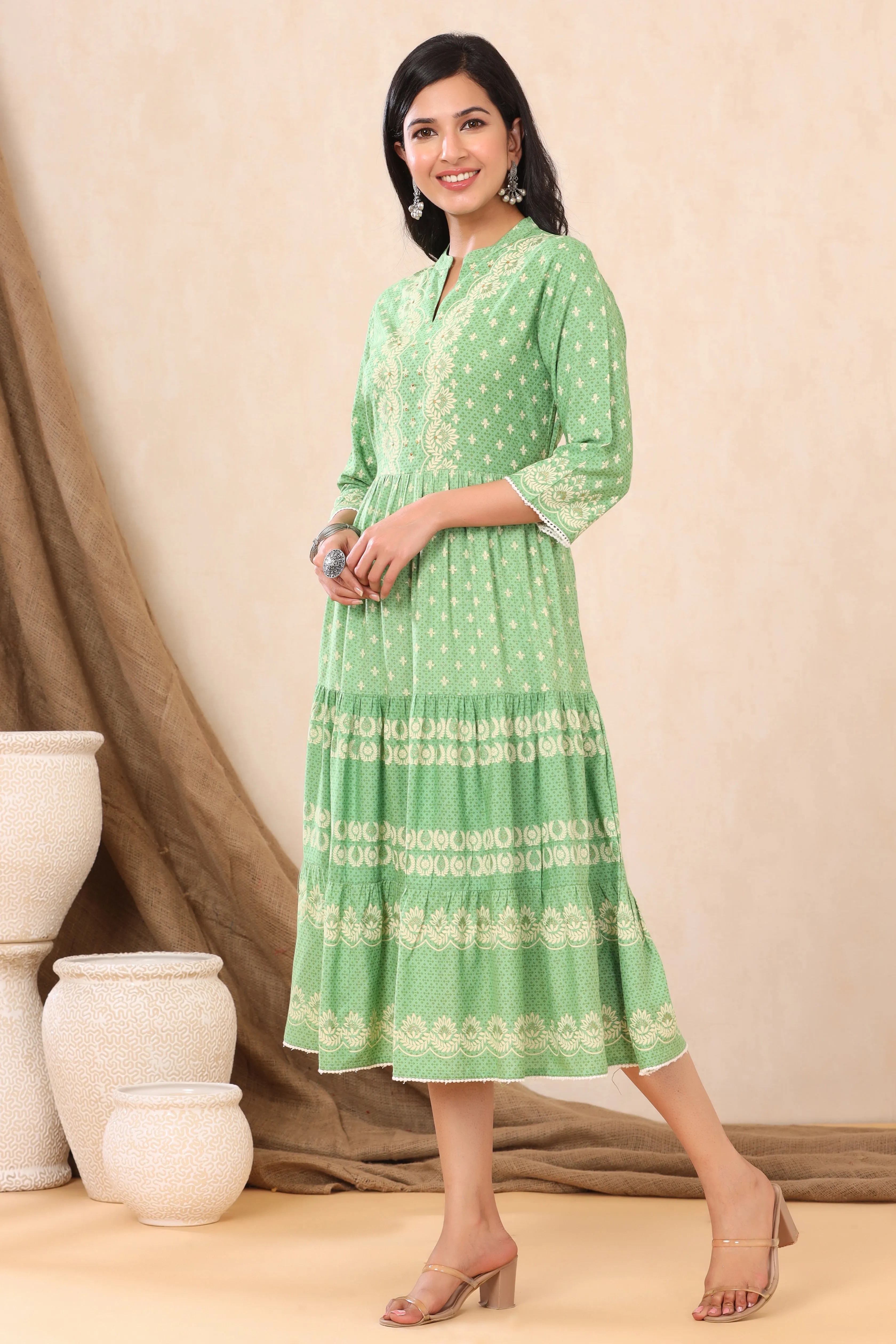 Women Green Rayon Printed Dress