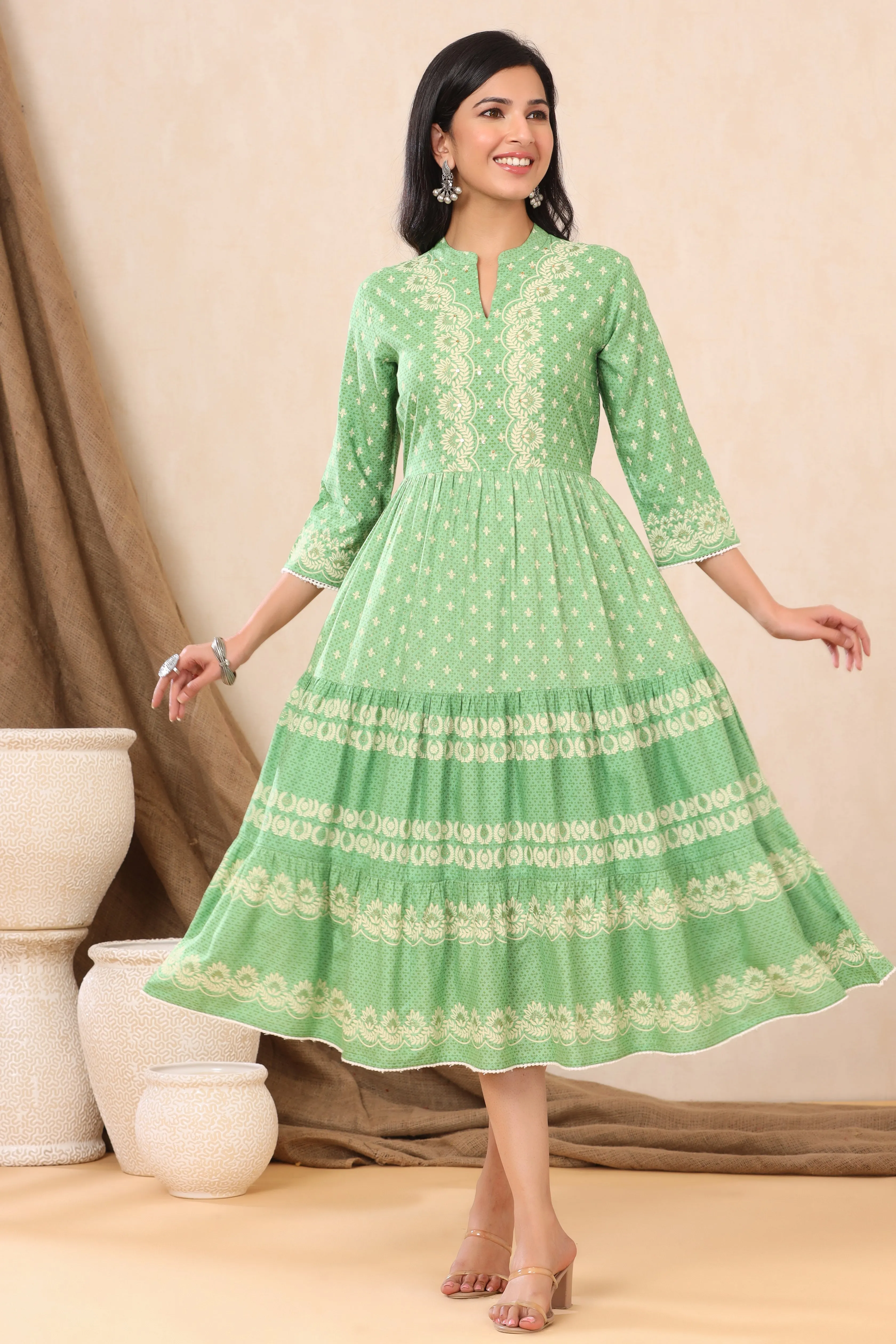 Women Green Rayon Printed Dress