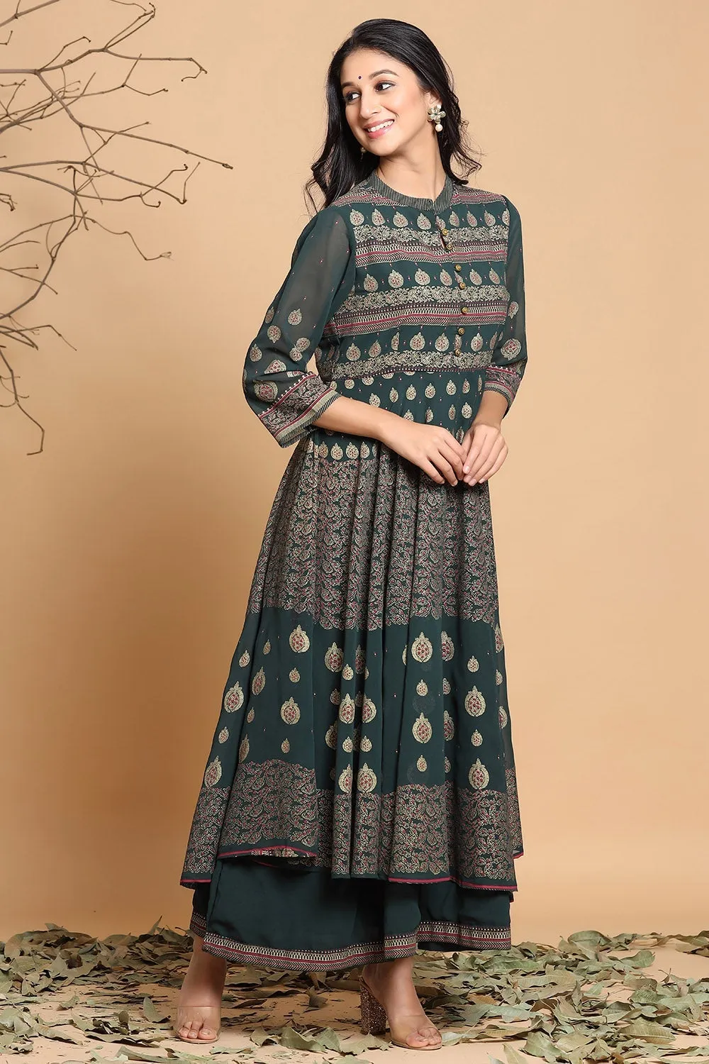 Women Jade Green Georgette Ethnic Motif Dress