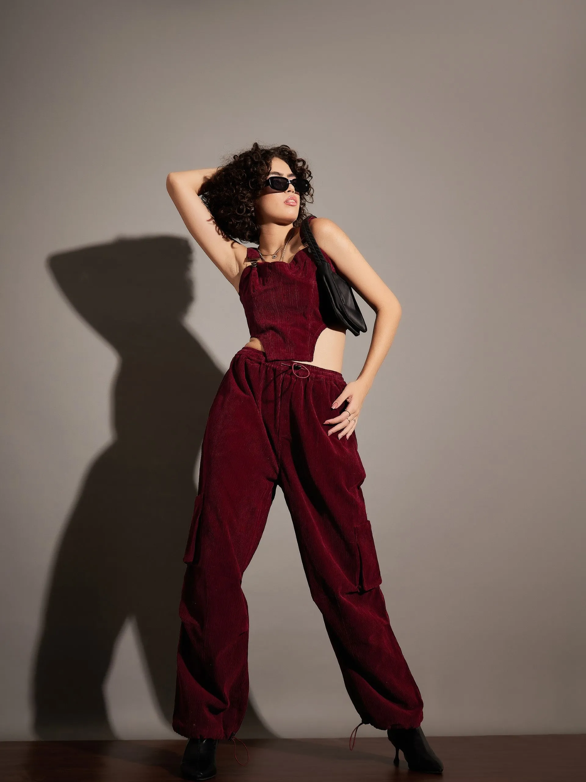 Women Maroon Pleated Knee Corduroy Cargo Pants