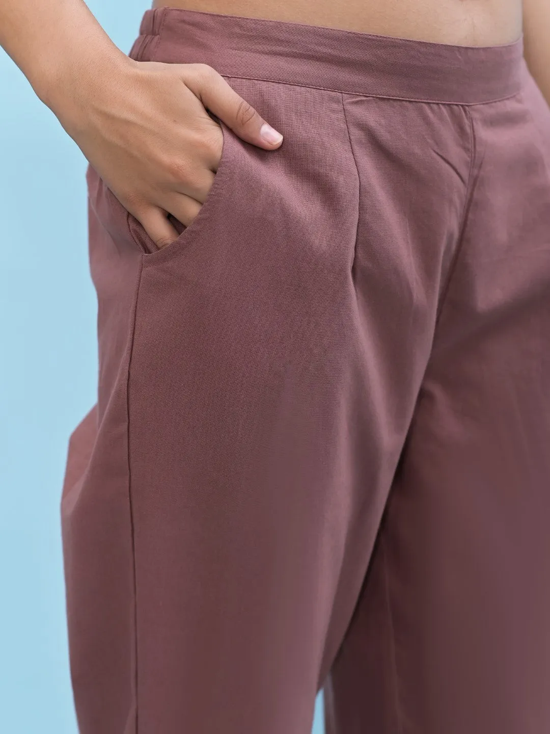 Women Mauve Solid Cotton Pants With Partially Elasticated Waistband And Two Side Pockets