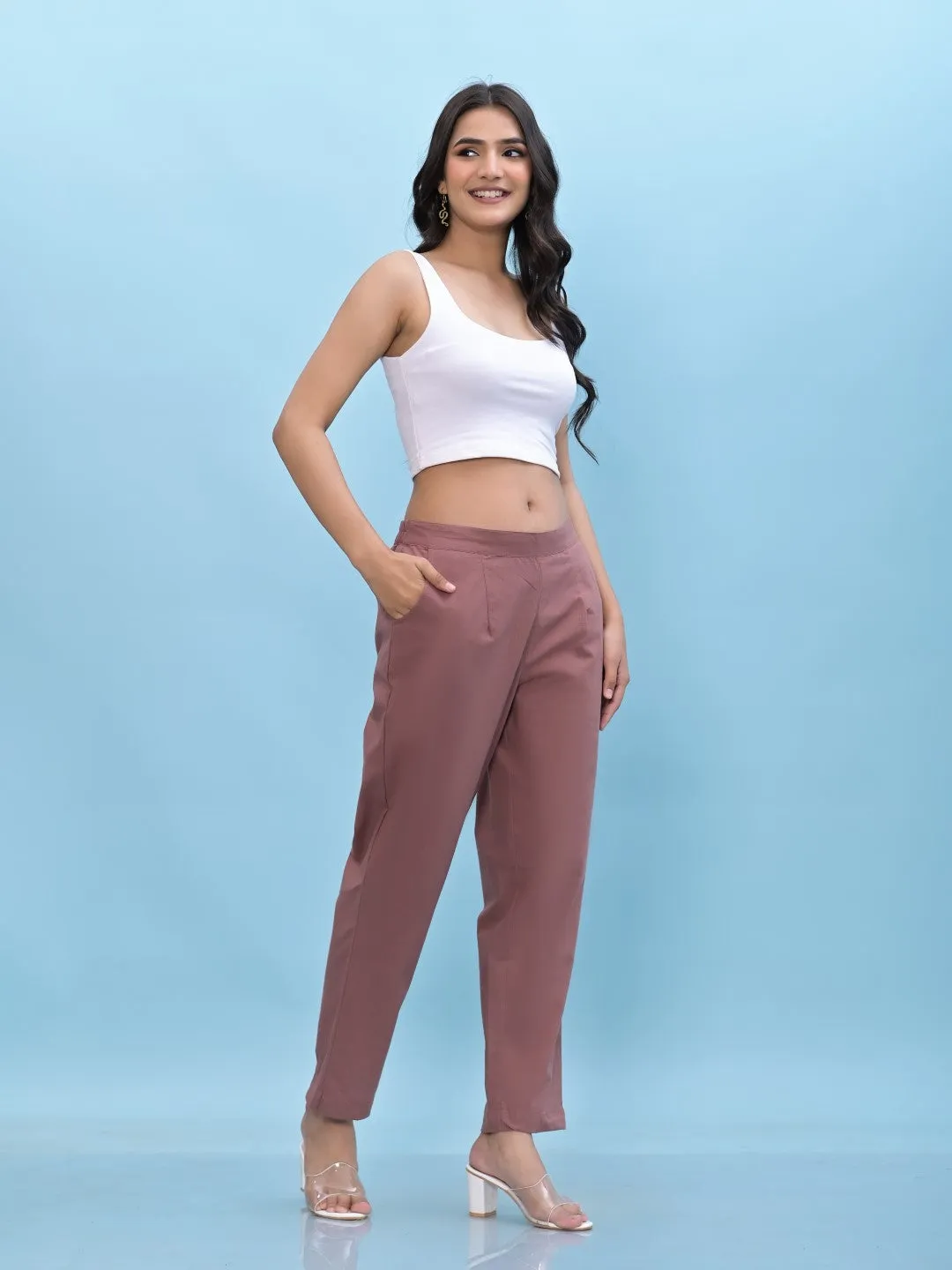 Women Mauve Solid Cotton Pants With Partially Elasticated Waistband And Two Side Pockets