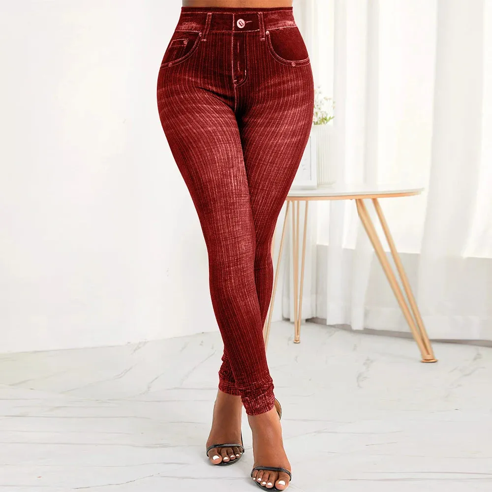 Women New Print Leggings Elastic Waist Faux Denim Stretch Slim Fit Ankle-Length Pants Vintage Streetwear Skinny Trousers Female