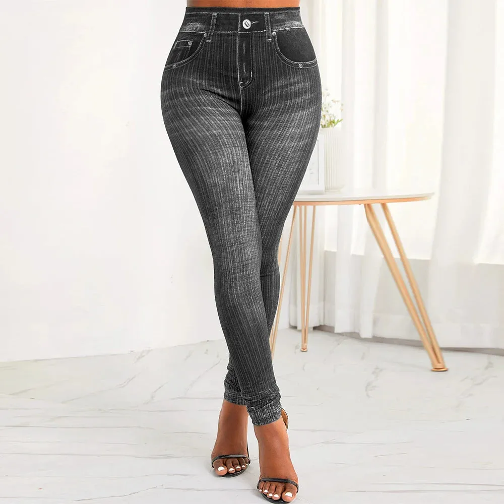 Women New Print Leggings Elastic Waist Faux Denim Stretch Slim Fit Ankle-Length Pants Vintage Streetwear Skinny Trousers Female