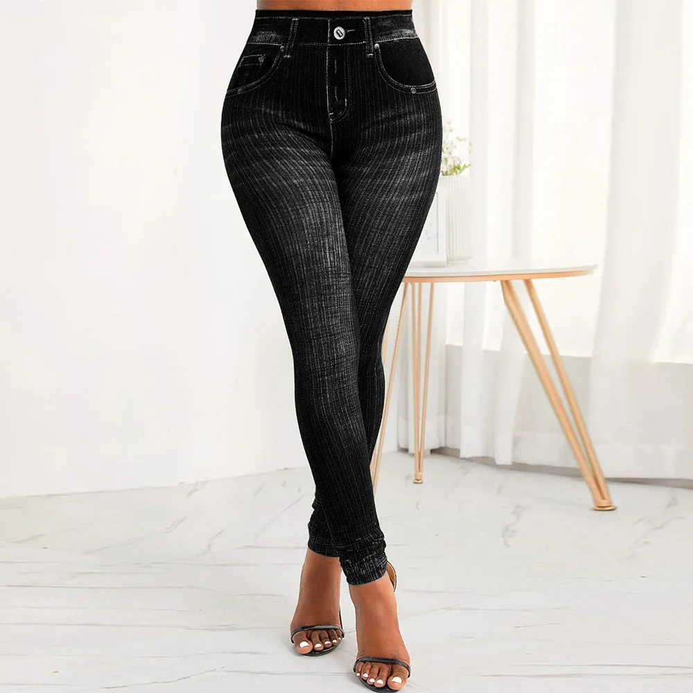 Women New Print Leggings Elastic Waist Faux Denim Stretch Slim Fit Ankle-Length Pants Vintage Streetwear Skinny Trousers Female