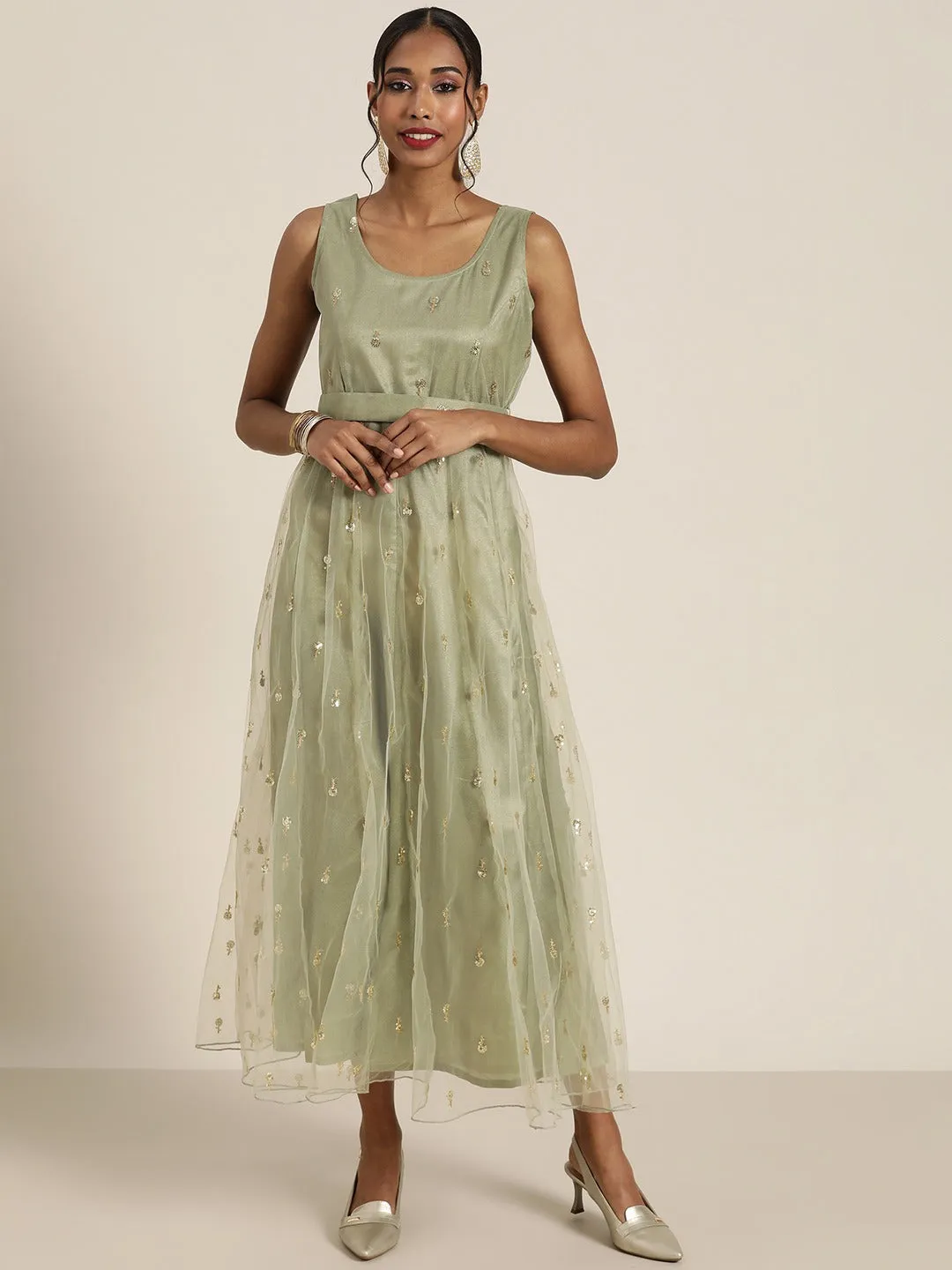 Women Olive Tulle Sequins Sleeveless Anarkali Maxi