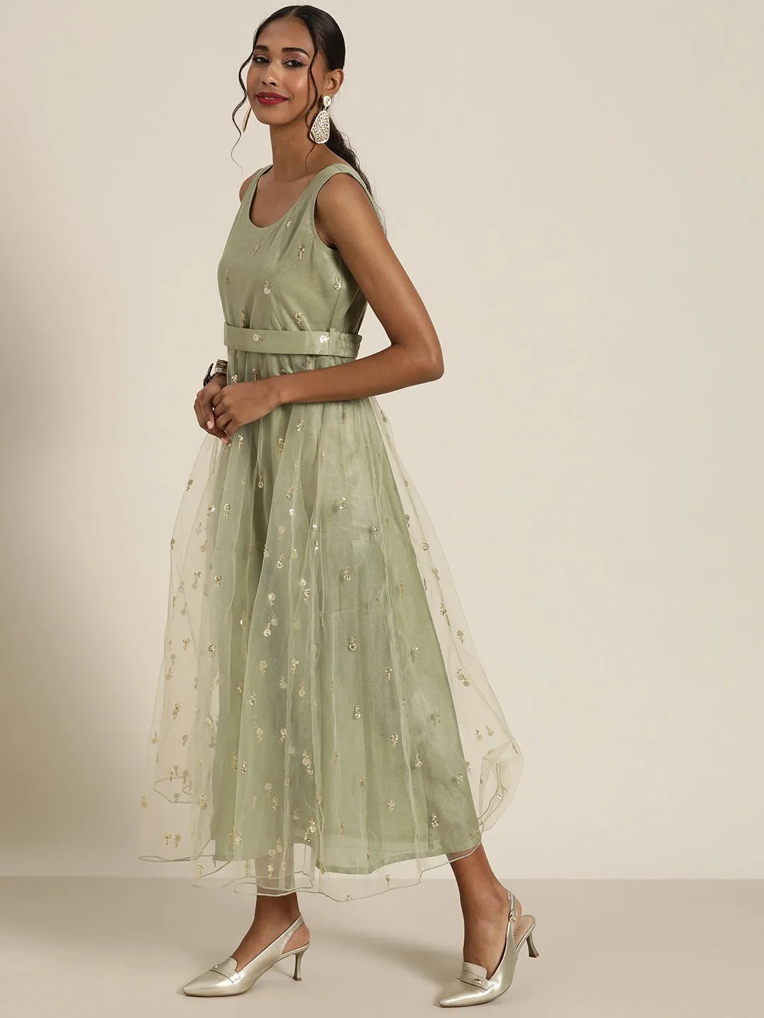 Women Olive Tulle Sequins Sleeveless Anarkali Maxi