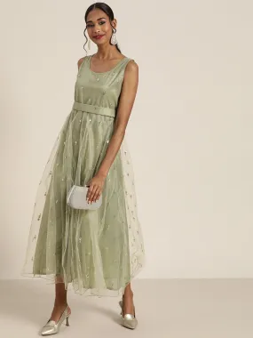 Women Olive Tulle Sequins Sleeveless Anarkali Maxi