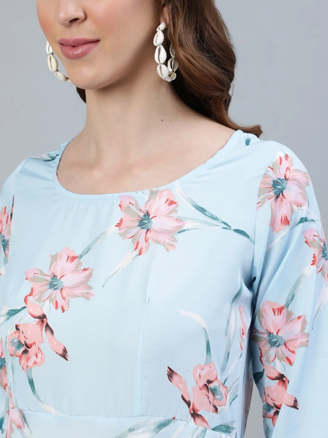 Women Pastel Blue Floral Printed Maxi Dress With Three Quarter Sleeves