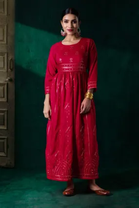 Women Red Muslin Sequins Dress