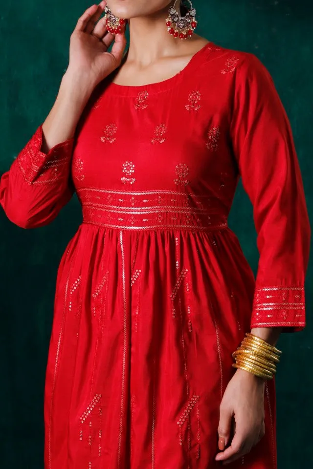 Women Red Muslin Sequins Dress