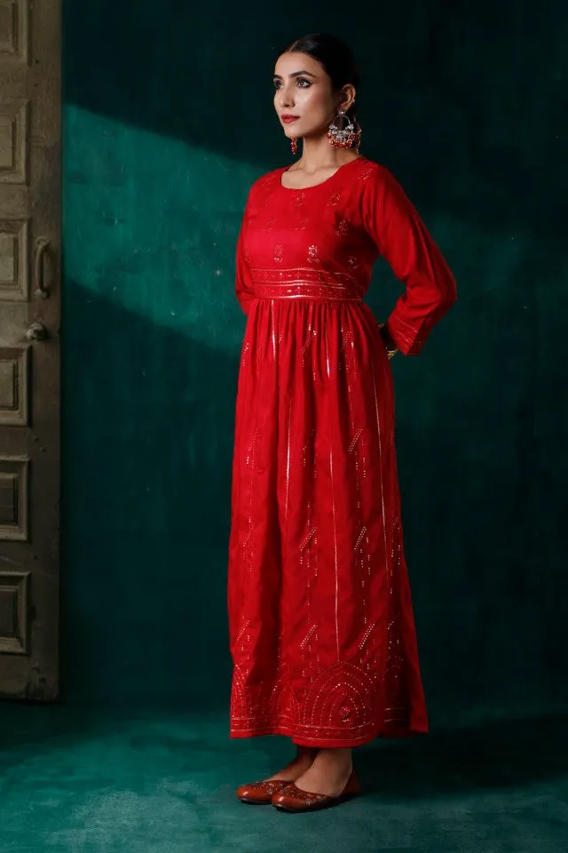 Women Red Muslin Sequins Dress