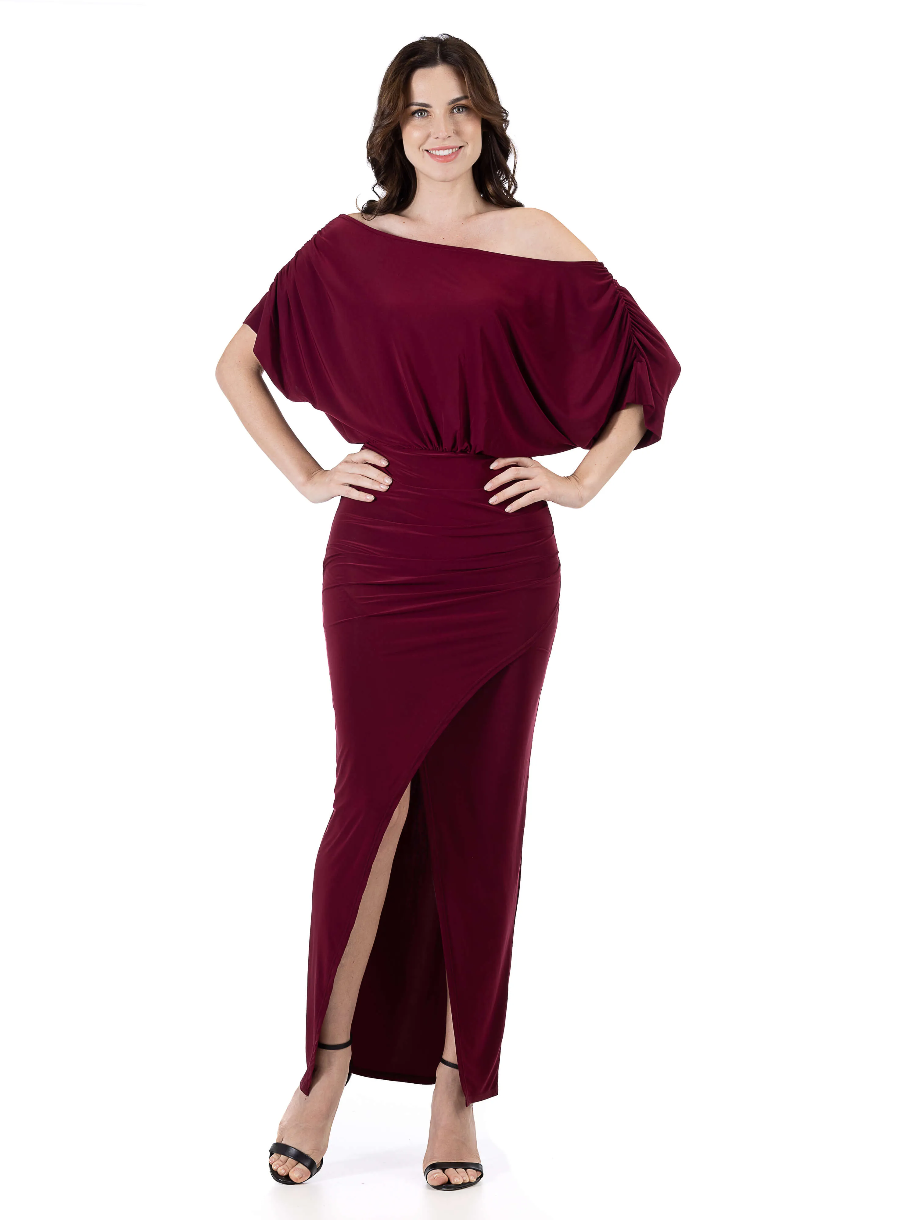 Womens Boat Neck Batwing Sleeve Slit Maxi Dress