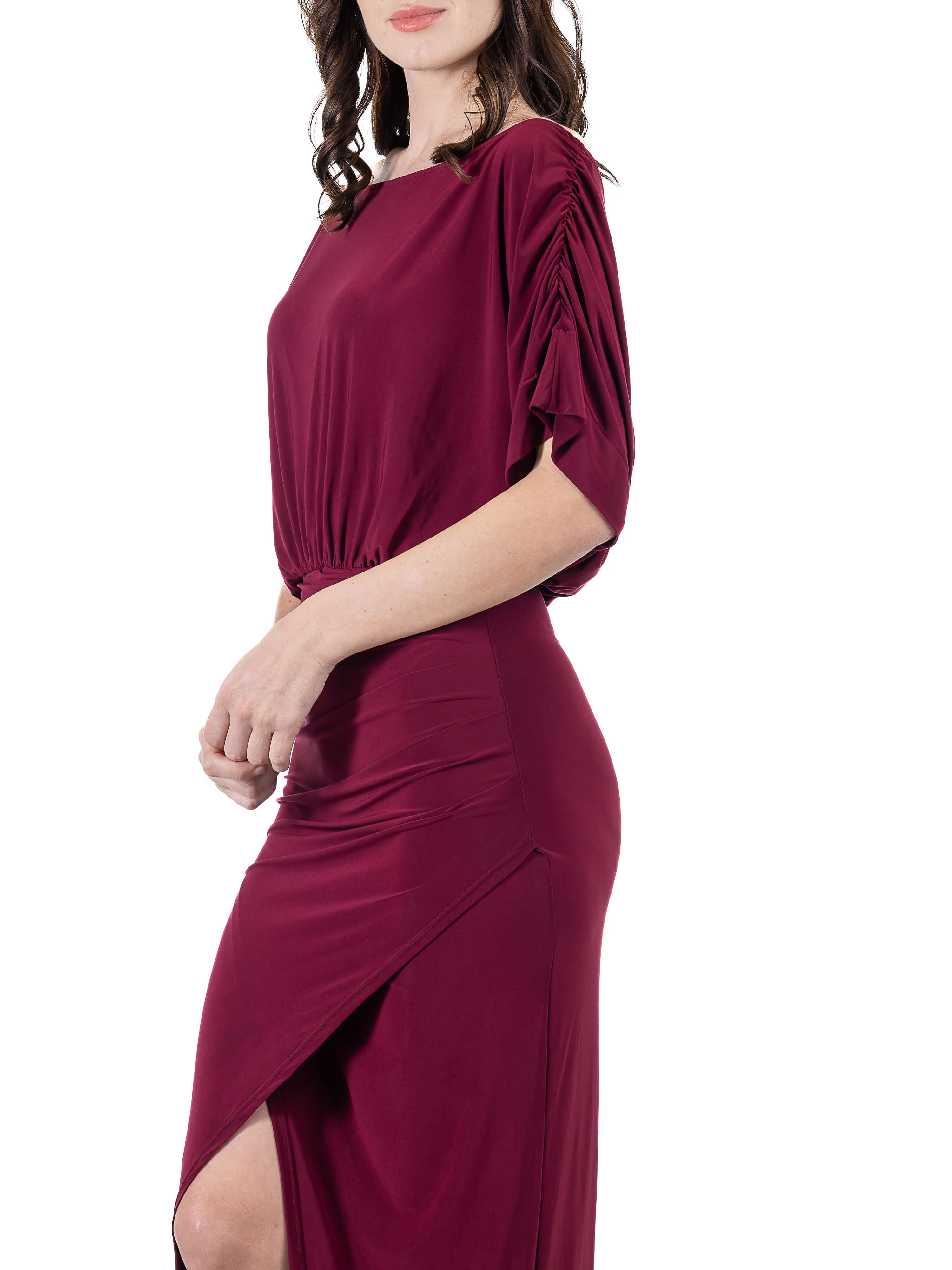 Womens Boat Neck Batwing Sleeve Slit Maxi Dress