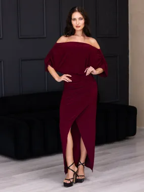 Womens Boat Neck Batwing Sleeve Slit Maxi Dress