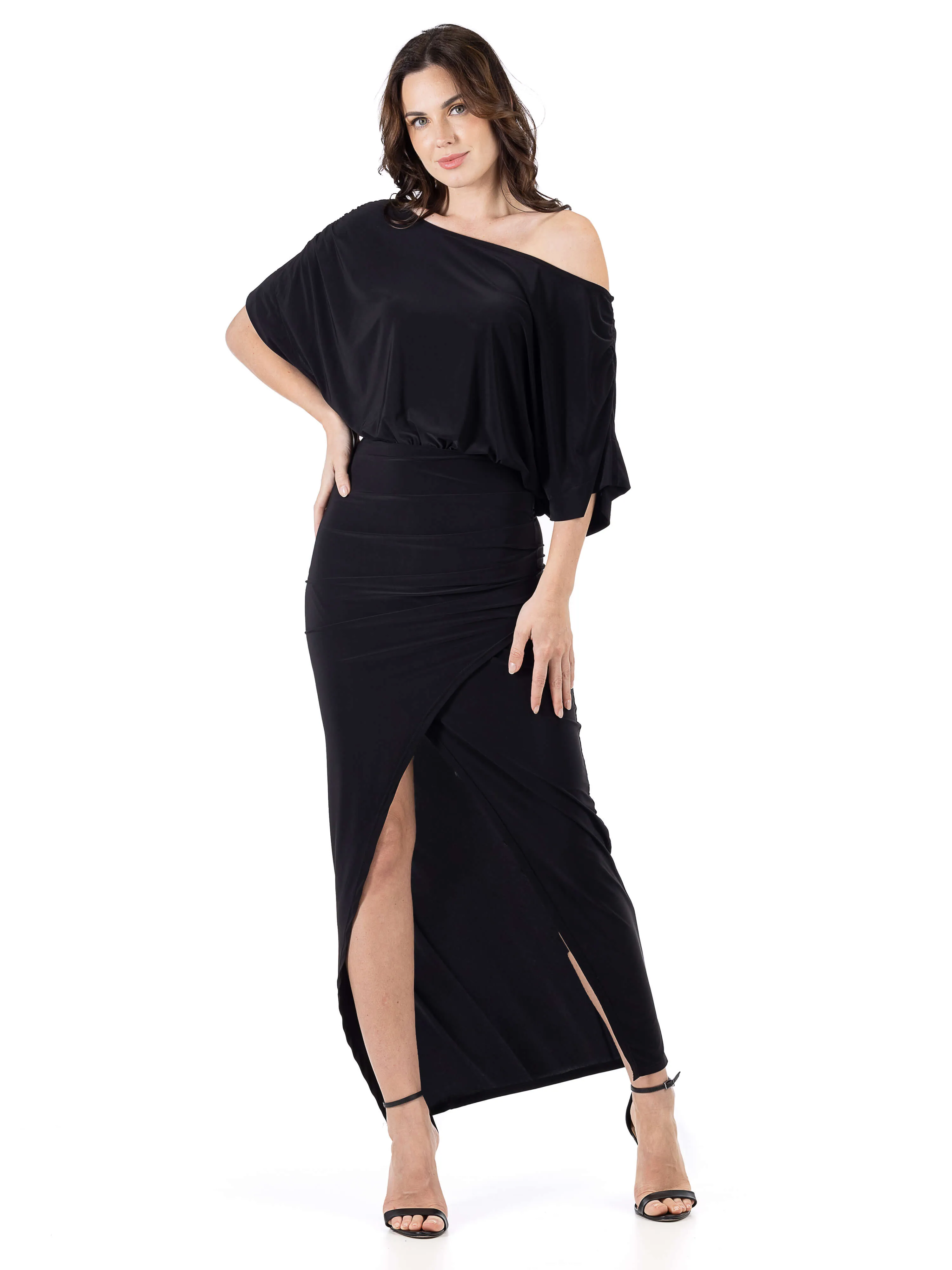 Womens Boat Neck Batwing Sleeve Slit Maxi Dress