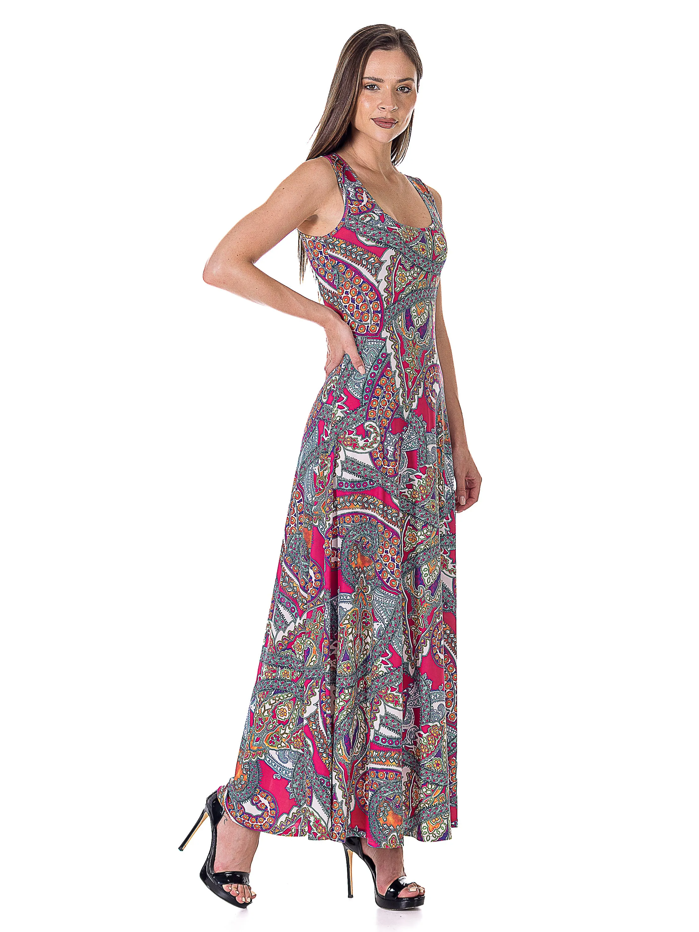 Womens Pink Paisley Print Scoop Neck A Line Sleeveless Maxi Dress