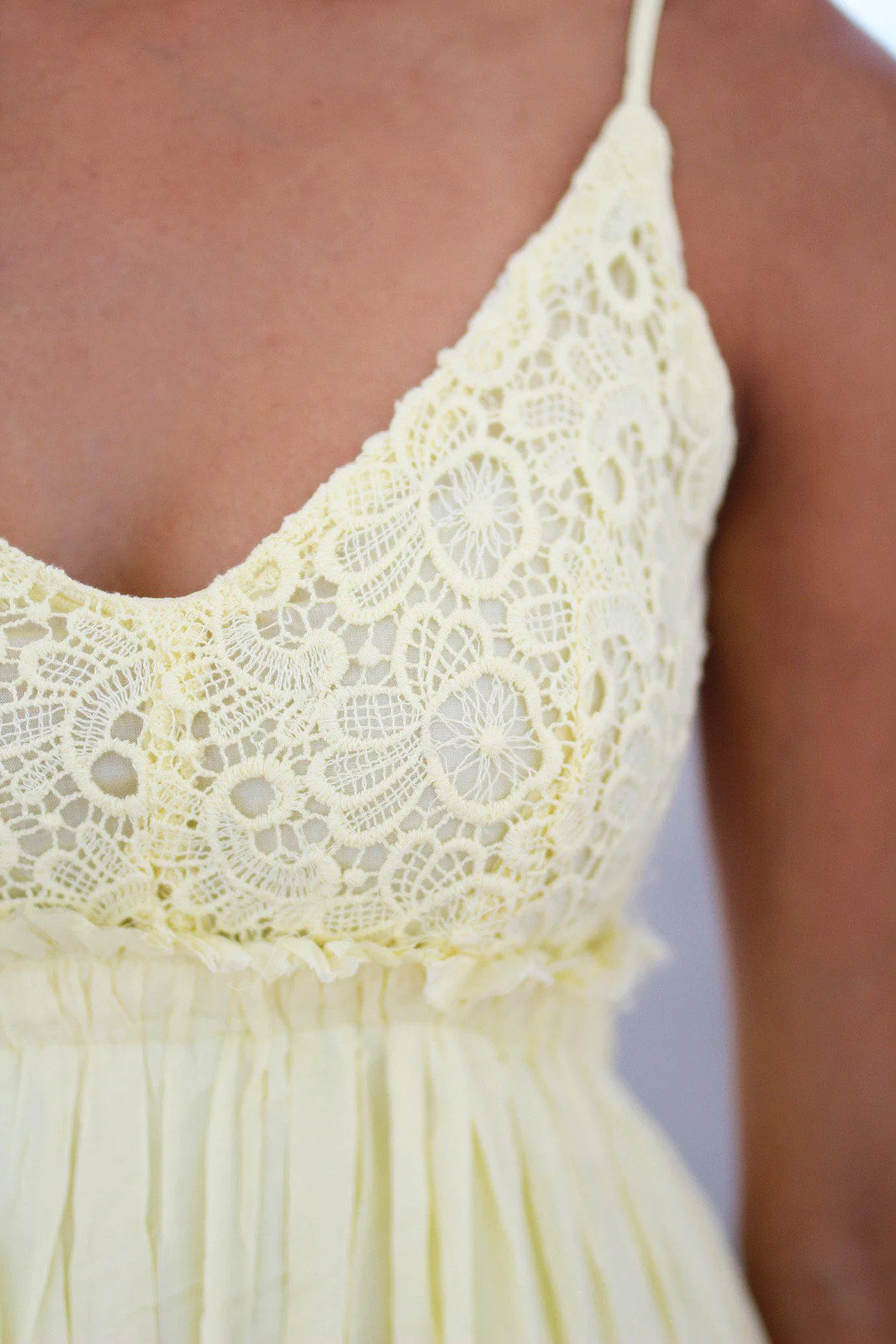 Yellow Lace Maxi Dress with Open Back and Frayed Hem