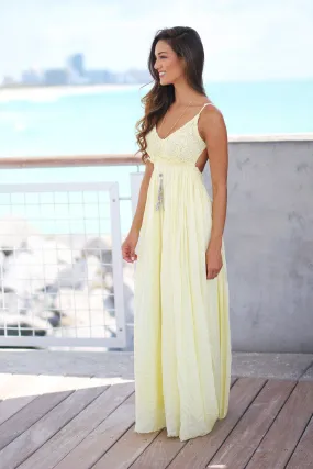 Yellow Lace Maxi Dress with Open Back and Frayed Hem