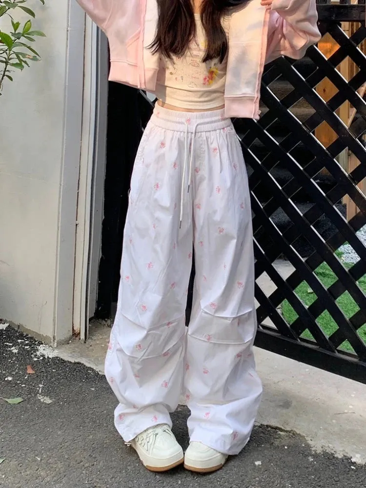 YESMYTOOL  -   Y2k Parachute White Pants Women Streetwear Fashion Baggy Bows High Waist Casual Sweatpants Hip Hop Slouchy Sport Joggers