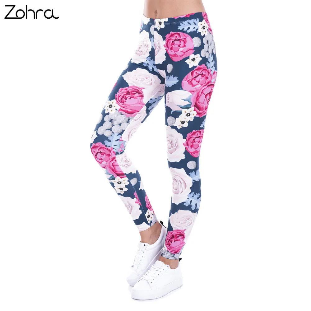 Zohra Brand Autumn Women Leggings Charming Wild Roses Printing Legging Casual Leggins Slim fit Leggings Womens Pants