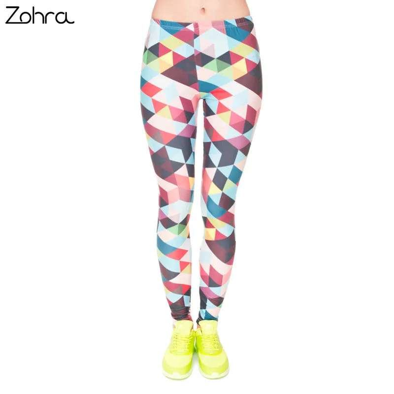 Zohra Brand Women Colour Geometry Printing Legging High Elastic Fitness Legging Trousers LeggingsWomen Pants