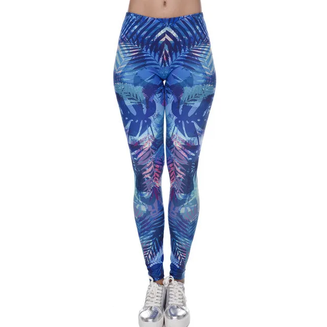 Zohra New Fashion Women Leggings Tropical Leaves Printing Blue Fitness Legging Sexy Silm Legins High Waist Stretch Trouser Pants