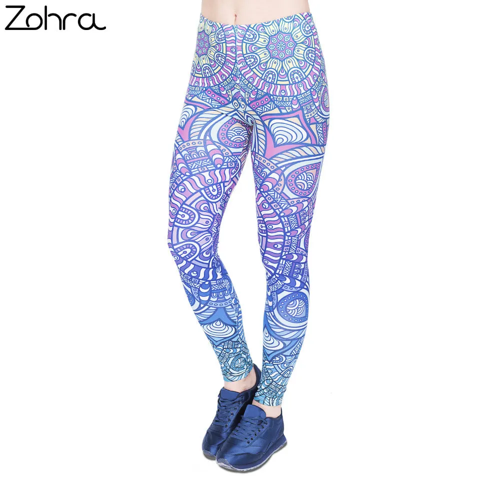 Zohra Women Legging Mandala Blue Ombre Printing Fashion Bottoms Sexy High Waist Fitness Leggings Stretch Pants for Womens